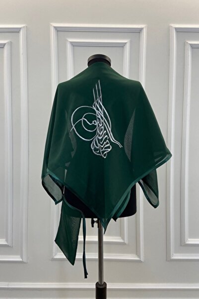ZEYMERADE Yeşil Şifon Lüks Damat Omuz Örtüsü, Gümüş Tuğra Nakışlı, Sağdıç Ned...