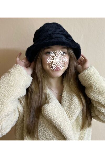 sema aksesuar قبعة نسائية سوداء ناعمة من القطيفة - قبعة شتوية على شكل دلو