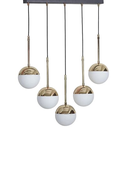 Evnalia 5 Li Gold-Siyah Metal Gövde Bal Rengi Camlı Yemek Masası Üstü Salon S...