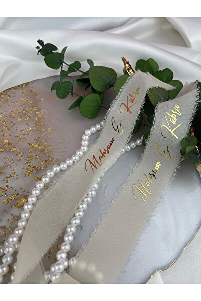 Rima Tasarım Dökülen Incili Ipek Krem Söz Nişan Kurdelesi Kişiye Özel Yüzük K...