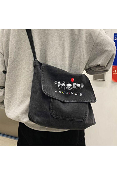 Toum M  Friends Baskılı Vintage Unisex Gri Kot Postacı Çantası