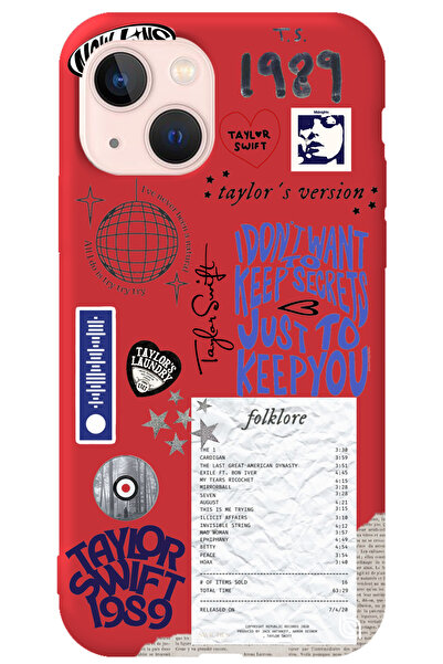 WANNA PROTECT iPhone 15 Kırmızı İçi Kadife Taylor Swift Sticker Desenli Silik...