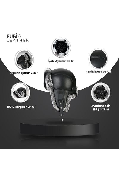 fubileather Yamtar Gray Rabbit Fur Ushanka Pilot Leather Hat