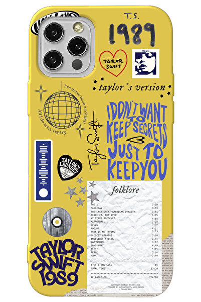 WANNA PROTECT iPhone 15 Pro Sarı İçi Kadife Taylor Swift Sticker Desenli Sili...