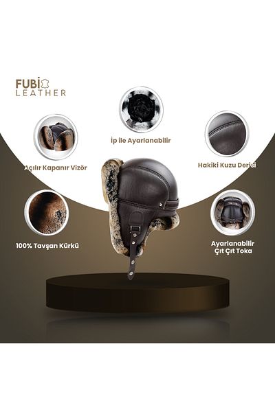fubileather Кожена шапка ушанка от кафяв заек Ямтар