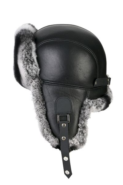 fubileather Yamtar Gray Rabbit Fur Ushanka Pilot Leather Hat
