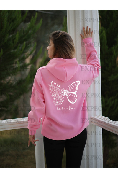 EXPECTED Hanorac cu glugă pentru femei, roz, supradimensionat, cu imprimeu fl...