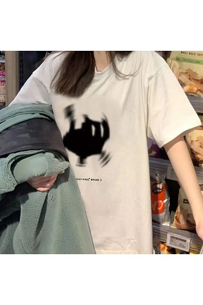 Gofeel Harajuku Street Black Cat Run Printed Oversize Unisex T-shirt
