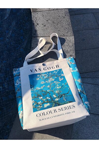 pamukcanta Van Gogh Badem Çiçeği Kanvas Bez Çanta Yıkanabilir Çıtçıtlı Cepli