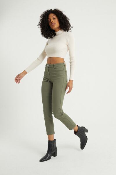 BOSHETTI Essentials Haki Yüksek Bel Mom Comfort Slim Fit Jeans