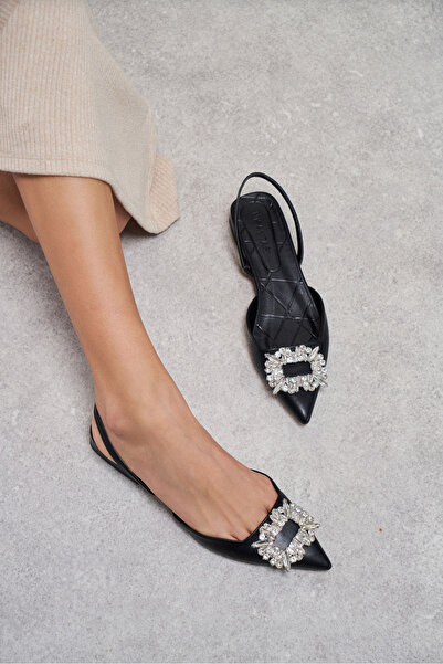 NİŞANTAŞI SHOES Margee fekete matt kőrészlettel rendelkező női balerinák hátul gumival