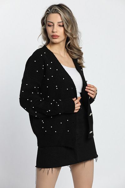 GÜLSELİ Black Pearl and Stone Knitwear Cardigan for Women