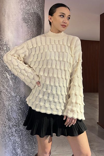 GÜLSELİ Ecru Crew Neck Openwork Embossed Patterned Women's Knitwear Sweater