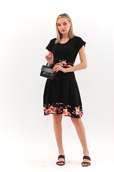 MaxiMor Rochie midi evazată cu mânecă scurtă, cu gât rotund, culoare neagră, ...