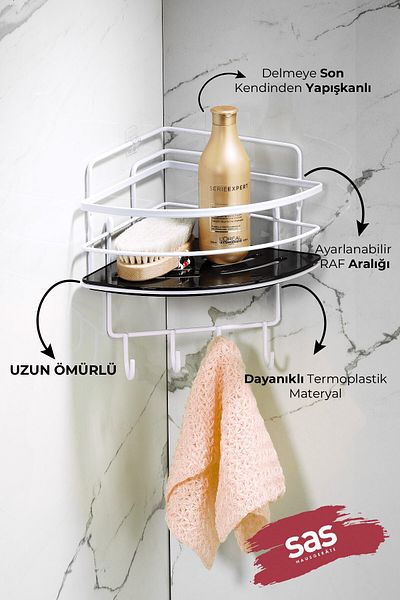Sas Haus Hanging Bathroom Organizer with Stainless Crystal and Shelf - Adhesive, Shampoo Holder Corner Lk-01 Bsbk