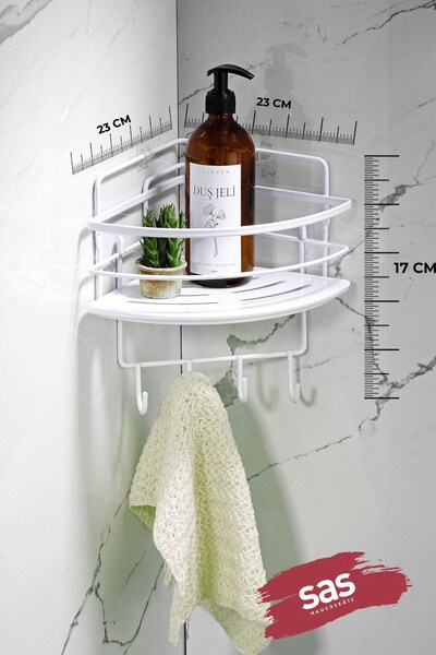 Sas Haus Single Adhesive 4-Hook Bathroom Shower Corner Shelf – Adjustable Crystal Shelf (Stick-On/Screw-On) White