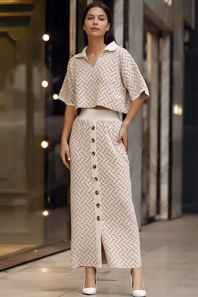 ALCHON V Polo Neck Half Sleeve Short Sweater Elastic Waist Front Slit Buttoned Skirt Patterned Knitwear Double Set