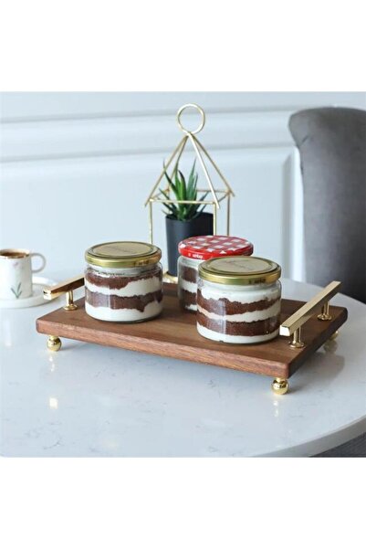 Akayev Florya 34x23 Cm Tray - Wooden, Gold Beaded Legs, Engagement Promise Tray, Gold Handles, Coffee Corner Presentation Table