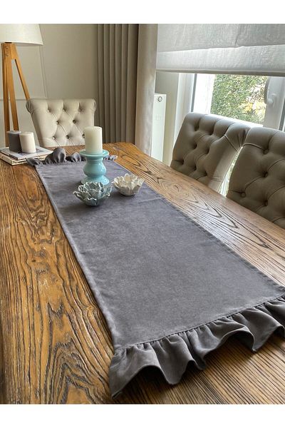 Decamor home Vintage Velvet Textured Carefree Ruffled Anthracite Smoked Gray Runner