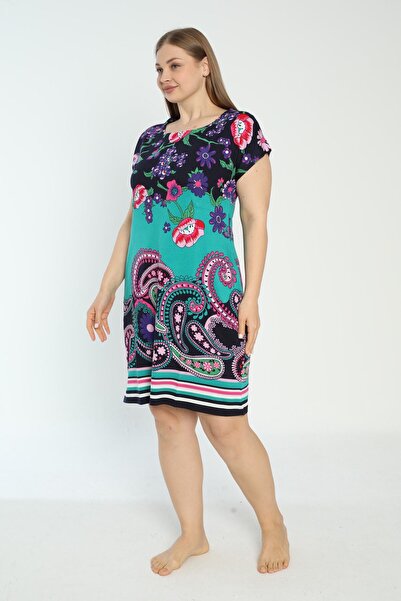 İntensive Women's Patterned Short Sleeve Pocketed Combed Cotton Modal Plus Size Dress