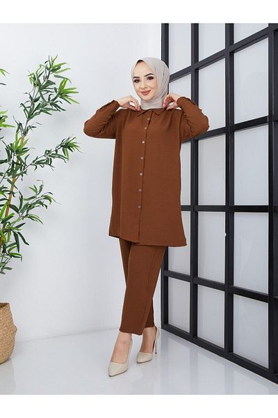 ECK MODA طقم نسائي من قماش الكتان بأزرار سفلية