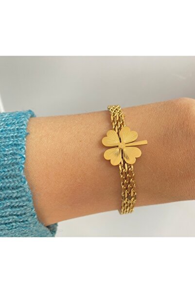 xesha Altın Kaplama 4 Yapraklı Yonca Çelik Bileklik Bilezik Künye