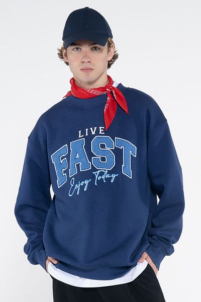 Friday Offset Φούτερ Fast Ανδρικό Navy Blue Crew Neck Extra Oversize - Ανυψωμένο 3 νήματα