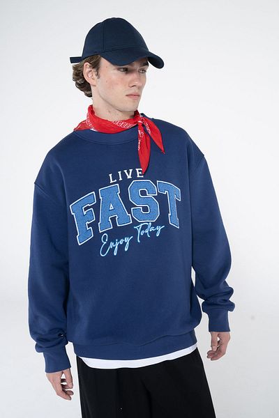 Friday Offset Φούτερ Fast Ανδρικό Navy Blue Crew Neck Extra Oversize - Ανυψωμένο 3 νήματα