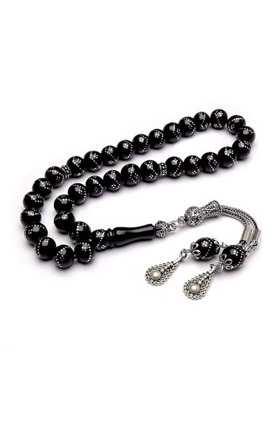 TAŞHAN Gümüş İşlemeli Oltu Taşı Tesbih