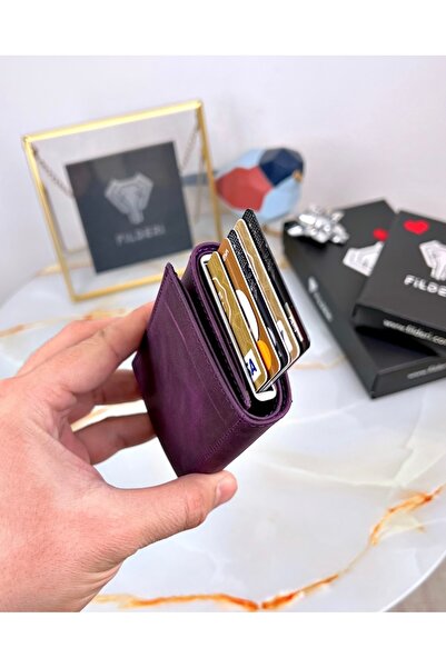 Fil Deri Mechanism Women's Wallet Genuine Leather Automatic Card Holder Purple Color 2001