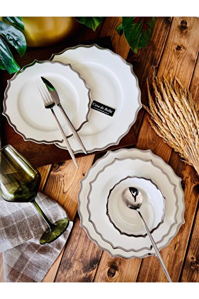 CASA DE BELLA 24 Parça 6 Kişilik Gümüş Şeritli Bone China Yemek Takımı(GÜMÜŞ)