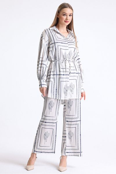 MD trend Women's Ethnic Patterned Belted Wide Leg Trousers and Balloon Sleeve Tunic Bottom-Top Satin Set