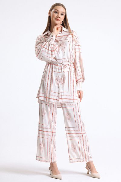 MD trend Women's Ethnic Patterned Belted Wide Leg Trousers and Balloon Sleeve Tunic Bottom-Top Satin Set