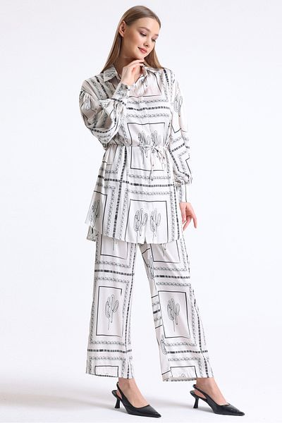 MD trend Women's Ethnic Patterned Belted Wide Leg Trousers and Balloon Sleeve Tunic Bottom-Top Satin Set