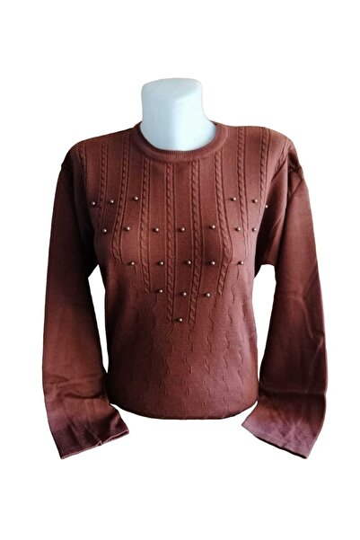 Nacar Taşlı Desenli Triko Normal Kalıp Rahat Kesim Kadın Taba Anne Kazak