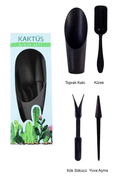 ToXA 4 Parça Minik Plastik Kaktüs Sukulent Dikim Bakım Seti Toprak Kabı Kürek...