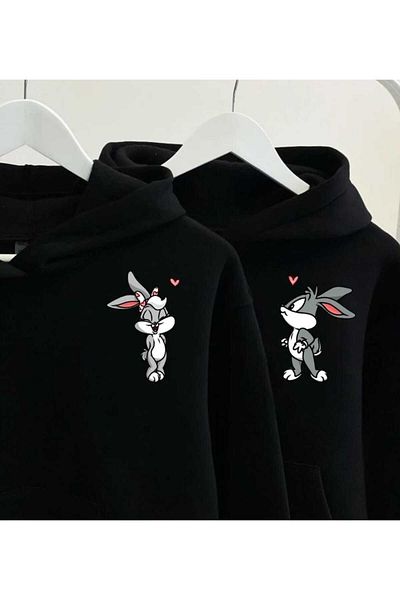 Oneoctobeer Bugs Bunny Lola Printed Couple Combination Black Hooded Sweatshirt Set of 2