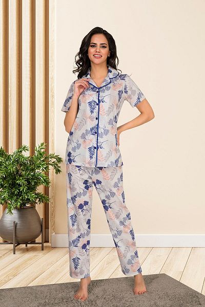 MyBen Women's Floral Patterned Saks Colored Buttoned Short Sleeve Pajama Set 10079