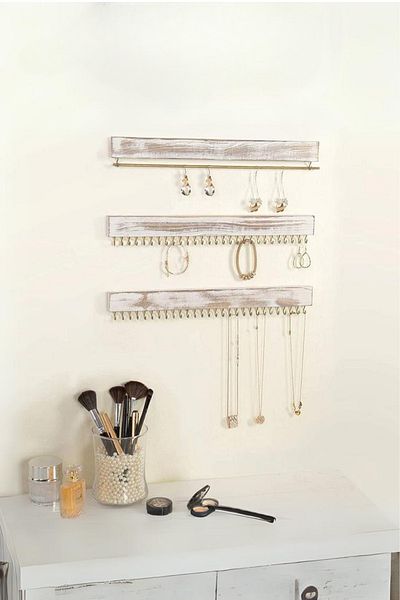 viveres Set of 3 White Color Wooden Jewelry Organizer Necklace Bracelet Watch Glasses Wall Hanger Organizer