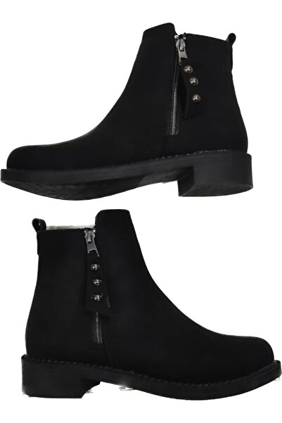 İpek Women's Black Emerald Leather Zippered Comfortable Sole Boots