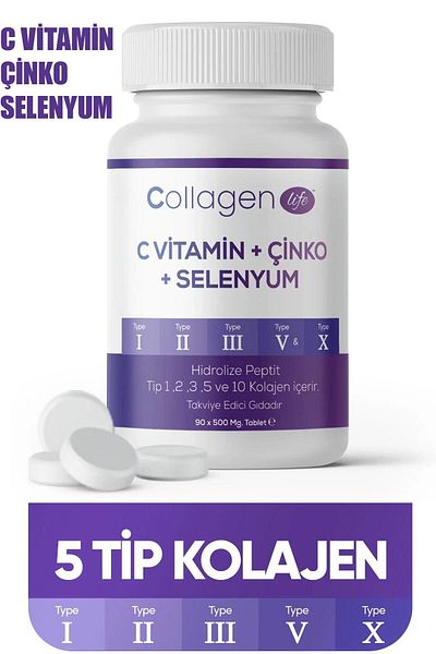COLLAGEN LIFE 5 Types of Collagen Type 1, Type 2, Type 3, Type 5, Type 10, (Selenium, Vitamin C and Zinc) 90 Tablets