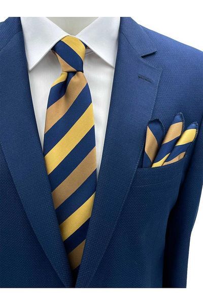 Brianze Κίτρινο χρυσό Navy Blue ριγέ μαντήλι γραβάτα