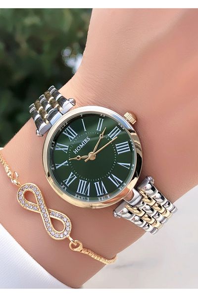 Homies HOMİES BRAND GOLD GREEN COLOR WRISTWATCH WITH BRACELET GIFT