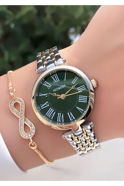 Homies HOMİES BRAND GOLD GREEN COLOR WRISTWATCH WITH BRACELET GIFT