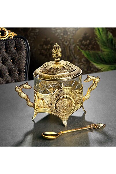 WuuQ Lüx- Kaşıklı Cam Şekerlik , Reçellik Baharatlık, - Gold