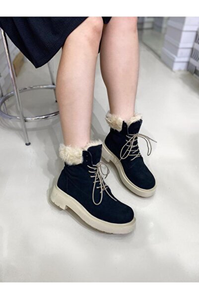 Büşra Sultan Ayakkabı & Çanta Kadın Siyah Süet Peluş Yünlü Rahat Kalıp İpli Bot
