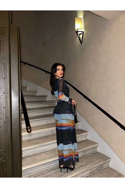 GİYSİ DÜNYASI tulle fabric lining gathered full length dress