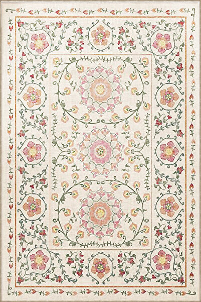 Rugs Modern Halı Bej Pembe Temalı Motifli Etnik Çiçek Desenli Saçaklı Vintage...