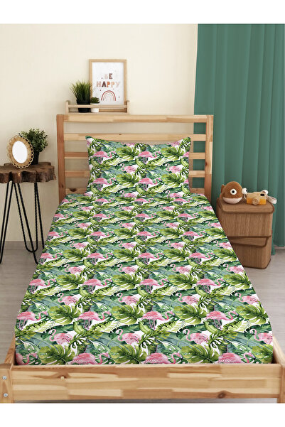 Evmila Set de cearșafuri elastice cu model de flamingo și frunze verzi