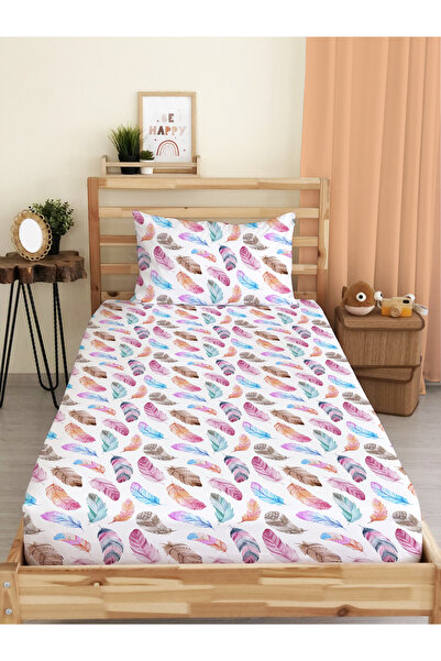 Evmila طقم ملاءات جاهزة باللون الأبيض - نمط ريش ملون مطبوع